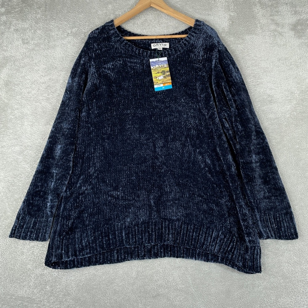 Orvis Chenille Sweater Womens 2XL Blue Knit‎ Pullover Velvety Soft Relaxed Fit